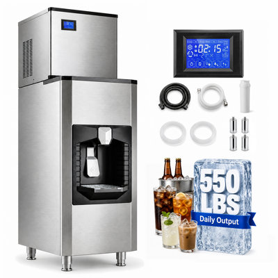 22,2 po. Machine à glaçons commerciale autoportante avec 300 lb Bac de rangement, acier inoxydable, cube de glace pleine grandeur, 550 lb Production quotidienne de glace et affichage à cristaux liquides