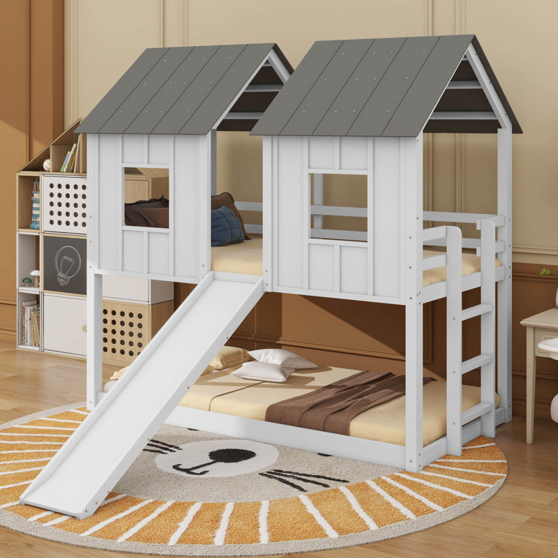 Twin-Over-Twin Bunk Bed With Slide And Integrated Windows For Fun