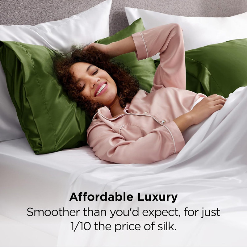 Satin Pillowcase Set of 2, 300 Thread Count , Gray Sand,GentleSoft™️, Queen Pillow Case, Green