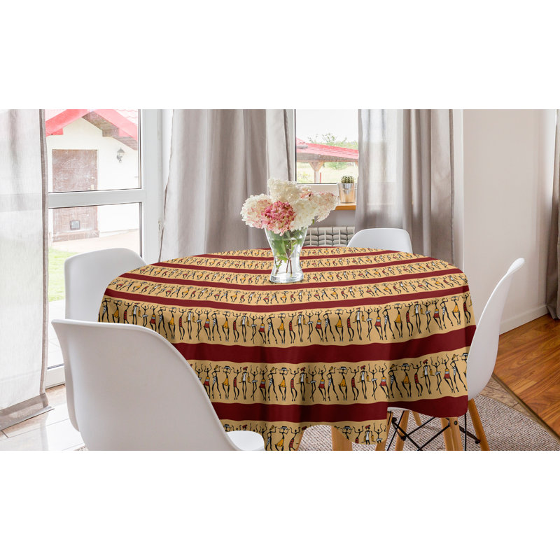 Ambesonne African Round Tablecloth, Native Indigenous People Different Poses Culture Borders, Circle Table Cloth Cover For Dining Room Kitchen Decoration, 60", Ruby Peach Black