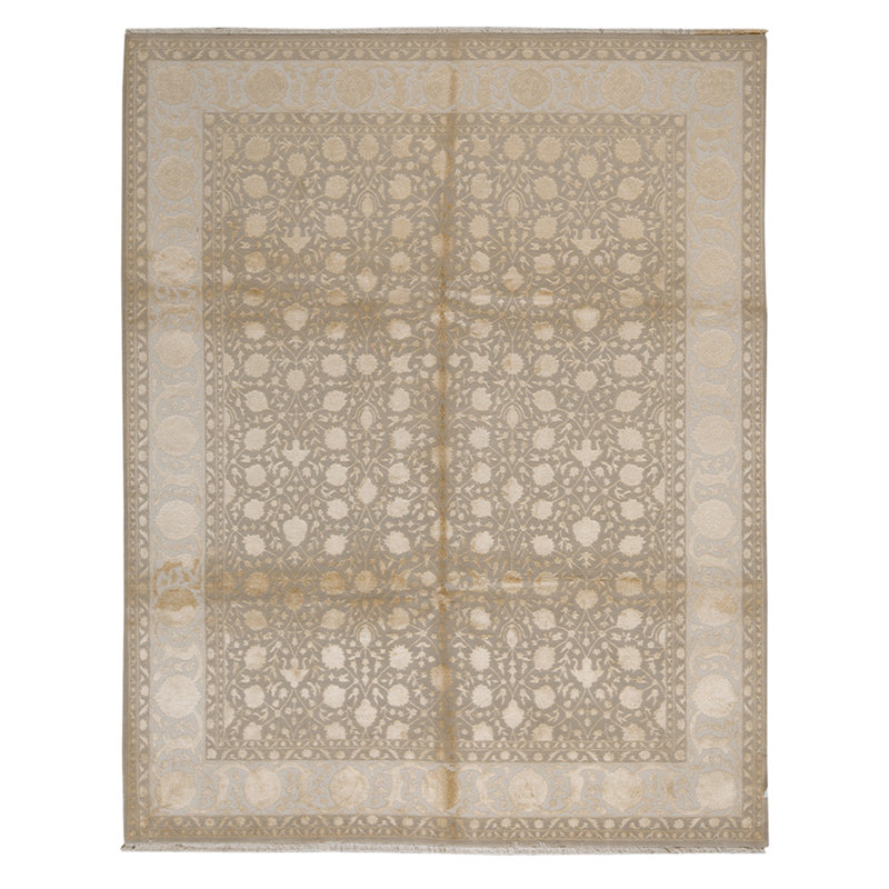 Tapis oriental gris / beige en viscose noué à la main 8 pi x 9 pi 10 po Oriental