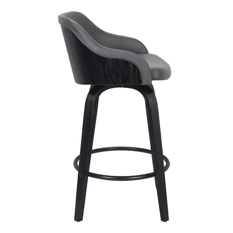 Aiken Swivel Counter or Bar Height Bar Stool with Arms in Faux Leather, Plywood and Metal Footrest, Grey Faux Leather, Black