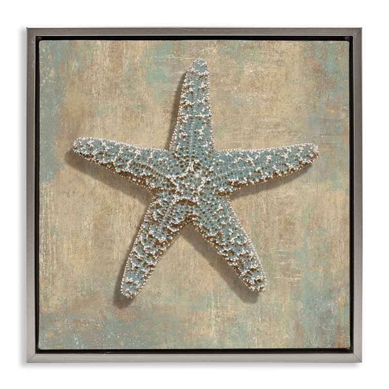 "Starfish Beach", art encadré flottant sur toile par Caroline Kelly, H 18 po x l 18 po, Cadre flottant gris lustré