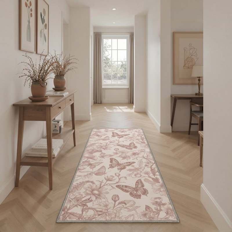 Abrahamson Fjordia Floral Machine Washable Beige / Pink Indoor Area Rug with Non-Slip Backing, Runner 2' x 6'