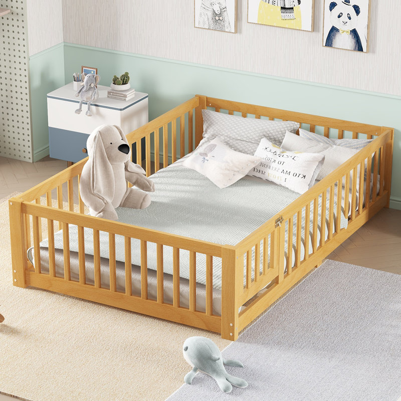 Kids Floor Bed with Safety Guardrails & Door, Low Profile Pine Wood Twin Bed for Children, Natural, Full