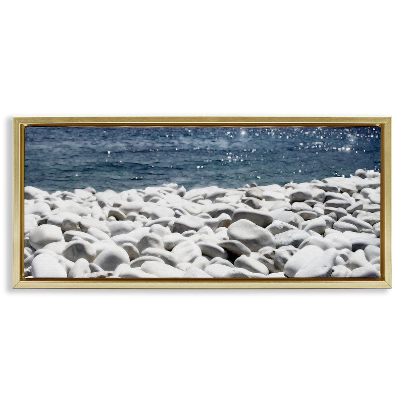 «Greek Pebbles Shore», art mural encadré sur toile flottante par Noah Bay, Cadre flottant métallique doré, H 14 po x l 31 po