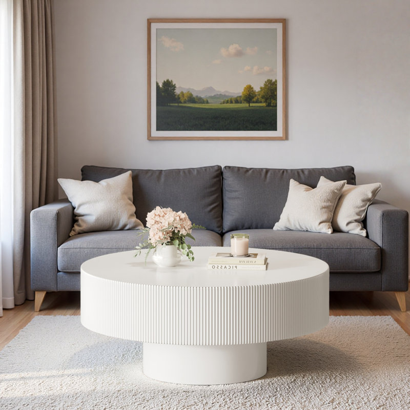 Table basse ronde moderne avec rainures, plateau de table épais et base robuste, White