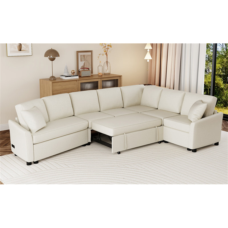 Canapé-lit convertible en L de 124,8 po avec deux coussins de dossier, Chenille beige