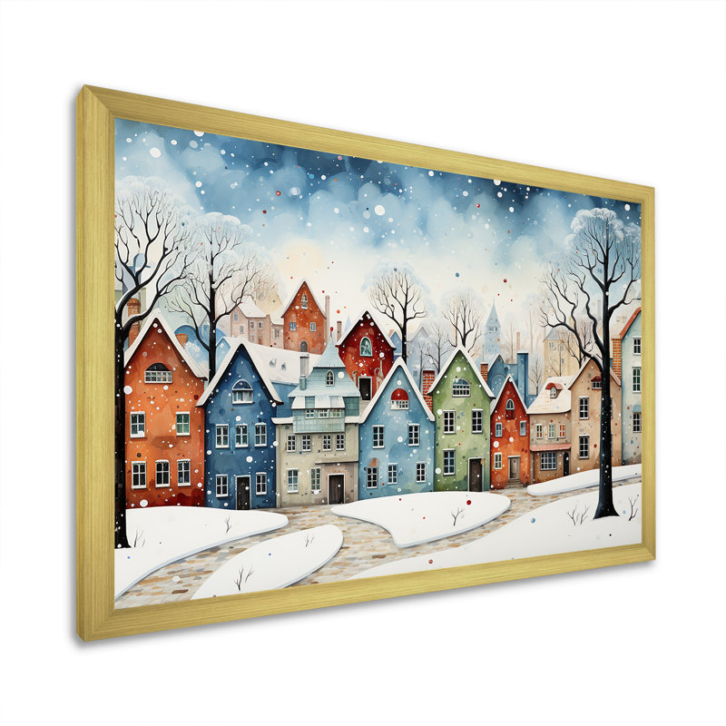 Multicolor Frosty City In Winter I - Winter Landscape, art mural, Cadre doré à coins fermés, H 16 po x l 32 po x P 1 po