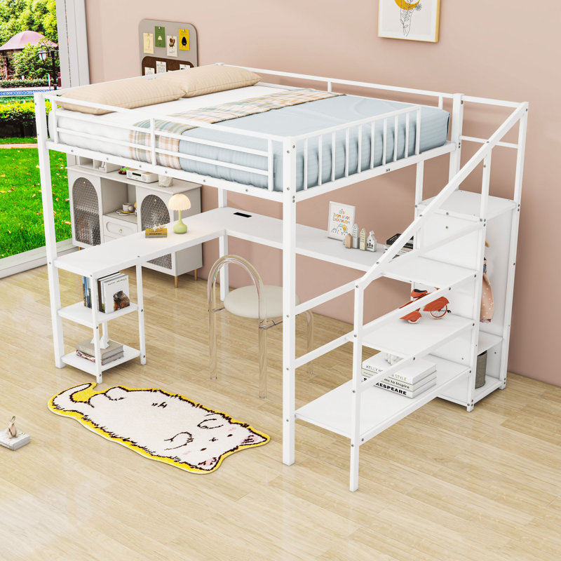 Metal Loft Bed With Open Wardrobe, LED Light, Desk, Charing Station And Storage Stair, Queen, White