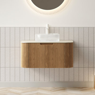 Meuble-lavabo rond transparent de 30 po, comptoir en pierre frittée à motif, armoire murale avec tiroir 3D, système de fermeture en douceur pour un fonctionnement en douceur, verre de meuble-lavabo en cristal préassemblé,