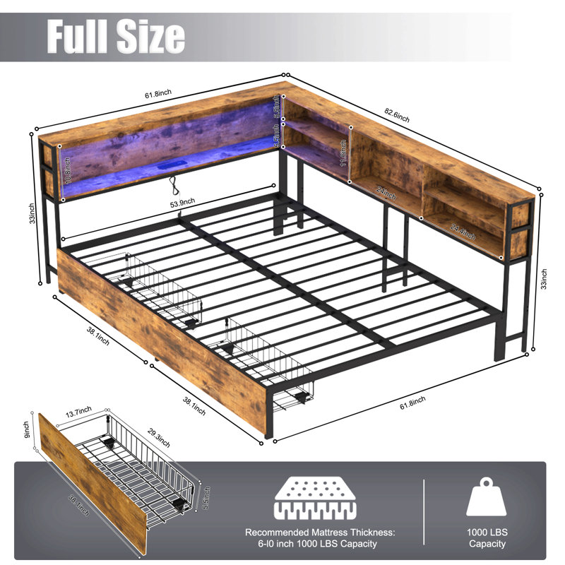 Structure de lit d'angle avec bibliothèque de rangement, lit de jour double avec tiroirs de rangement en dessous, unité de lit pour enfants avec station de charge et éclairage à DEL