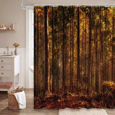 Golden Foggy Forest Autumn Colorful Fall Shower Curtain with 12 Hooks
