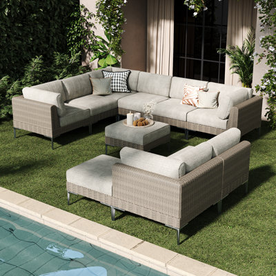  10-piece Wicker Rattan Patio Furniture Set, Deep Seating Outdoor Modular Sectional Sofa Conversation Set With Thick Cushions For Lawn, Garden