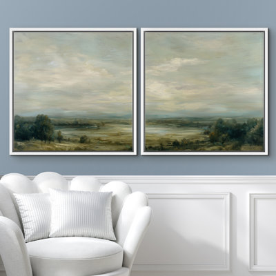 Calm Country Valley Landscape in Soft Blue and Green Tones Framed Master Bedroom Wall Art Work 2 Pieces Print