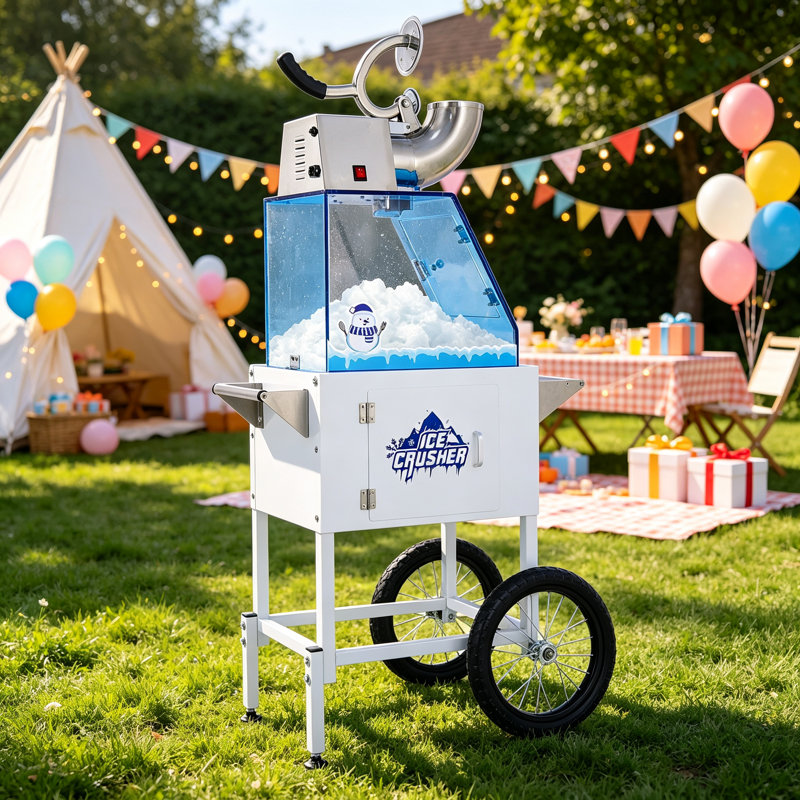 Chariot à machine à glace pilée de 52 pouces de hauteur avec bac à glace de 9,2 gallons, système de rasage en acier inoxydable, armoire de rangement, roulettes et tablettes latérales, blanc et bleu