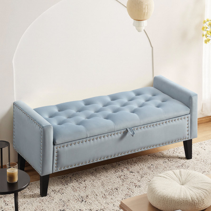 47" W Velvet Upholstered Flip Top Storage Bench, Blue Grey