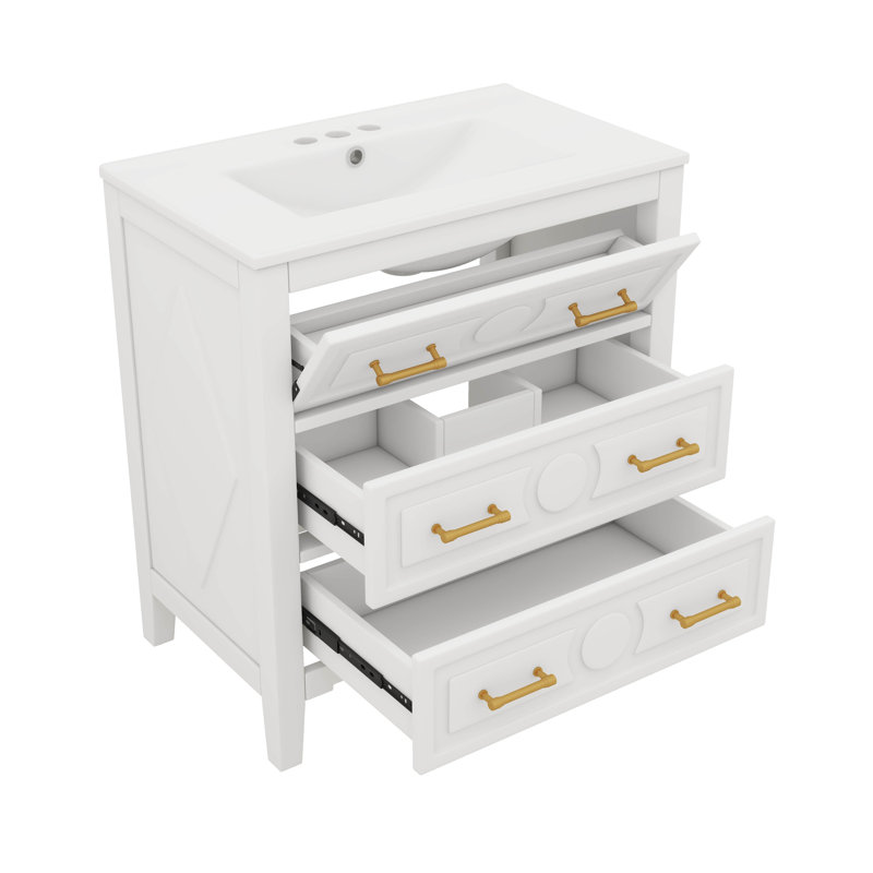 Armoire de rangement de salle de bain 30 po avec cadre en bois massif et 3 tiroirs, Blanc