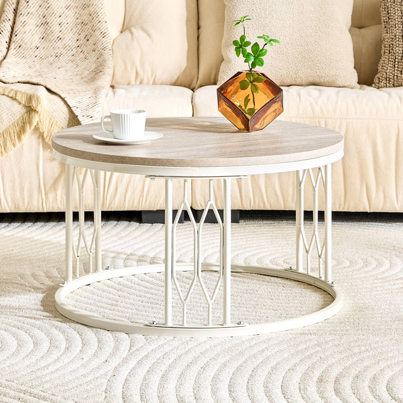 Table basse ronde en panneau de fibres à densité moyenne avec texture effet pierre, diamètre de 27,5 pouces. Table basse ronde pour le salon. Table basse ronde de style Wabi-sabi avec des pieds en métal robustes et un assemblage facile.