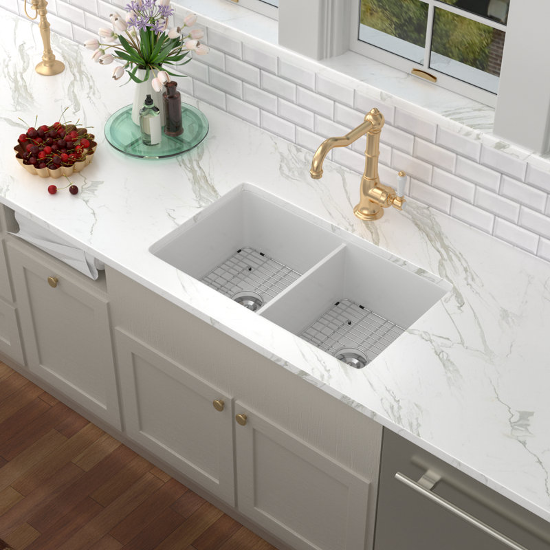 32" L x 19" W Undermount Kitchen Sink Double Bowl White Ceramic Kitchen Sink Double Bowl 50/50 Sink with Grid