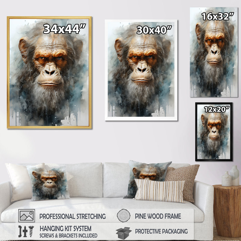 Portrait de singes, présence éthérée, Cadre simple noir, H 40 po x l 30 po x P 1,5 po