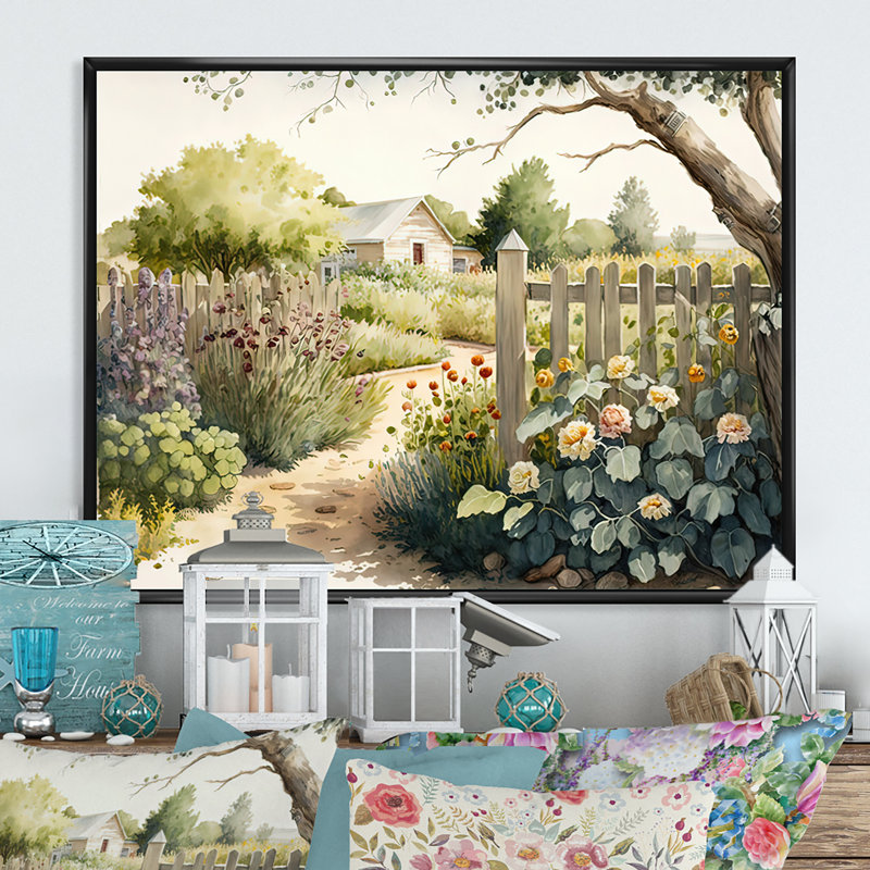 Ferme, jardin frais II - ferme, art mural, Cadre flottant noir, 24" H x 32" W