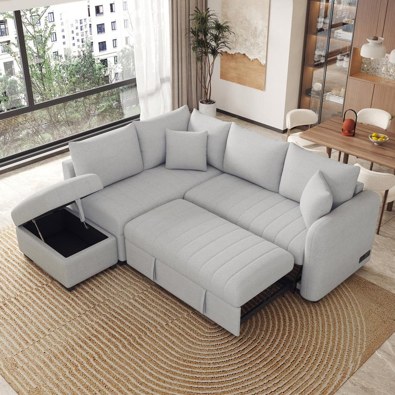 Canapé-lit modulaire en forme de L de 82,6 po avec deux ports USB, Tissu gris