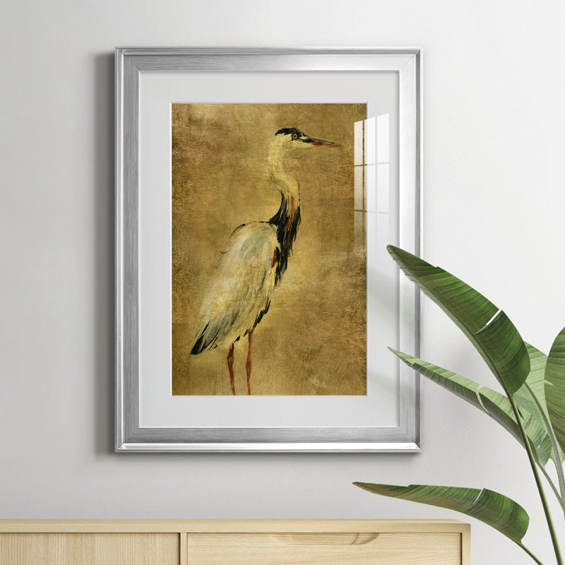 «Gold Crane at Dusk I», peinture sur toile encadrée, H 22,5 po x l 30,5 po x P 1,5 po, Argent