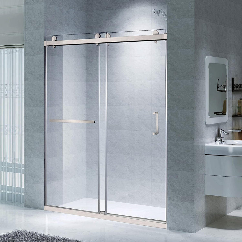 Helius 55"- 59" W x 76" H Double Sliding Frameless Shower Door with Clear Glass, Brushed Nickel