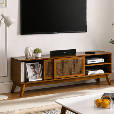 59 Inch Mid-Century Modern Rattan TV Stand, Media Console With Solid Wood Feet & Rattan Doors, Light Wood, Fits 65 Inch TV For Living Room