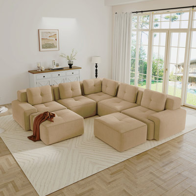 Modular Sectional Sofa With 5-Seater,V Shaped Corner Couch,Corduroy Fabric,2 Movable Ottomans, Deep Seat For Living Room, Pearl-Like Piping, Tufted Design, No Assembly, Anti-Slip Design,Camel