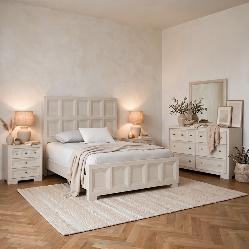 Ensemble de chambre avec grand lit 5 pièces Kizie, 2 tables de chevet XL, miroir de commode, beige