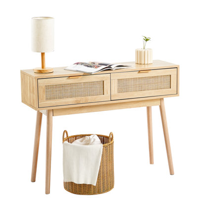 Rattan Console Table with 2 Storage Drawers, Rattan Entryway Table with Natural Rattan Sliding Door, Console Sofa Table for Living Room, Study, Entryway Or TV Wall, Natural