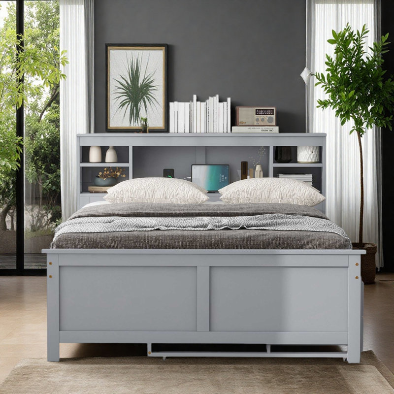 Lit plateforme double avec tête de lit, gigogne simple et 3 tiroirs, Lit double, Grey