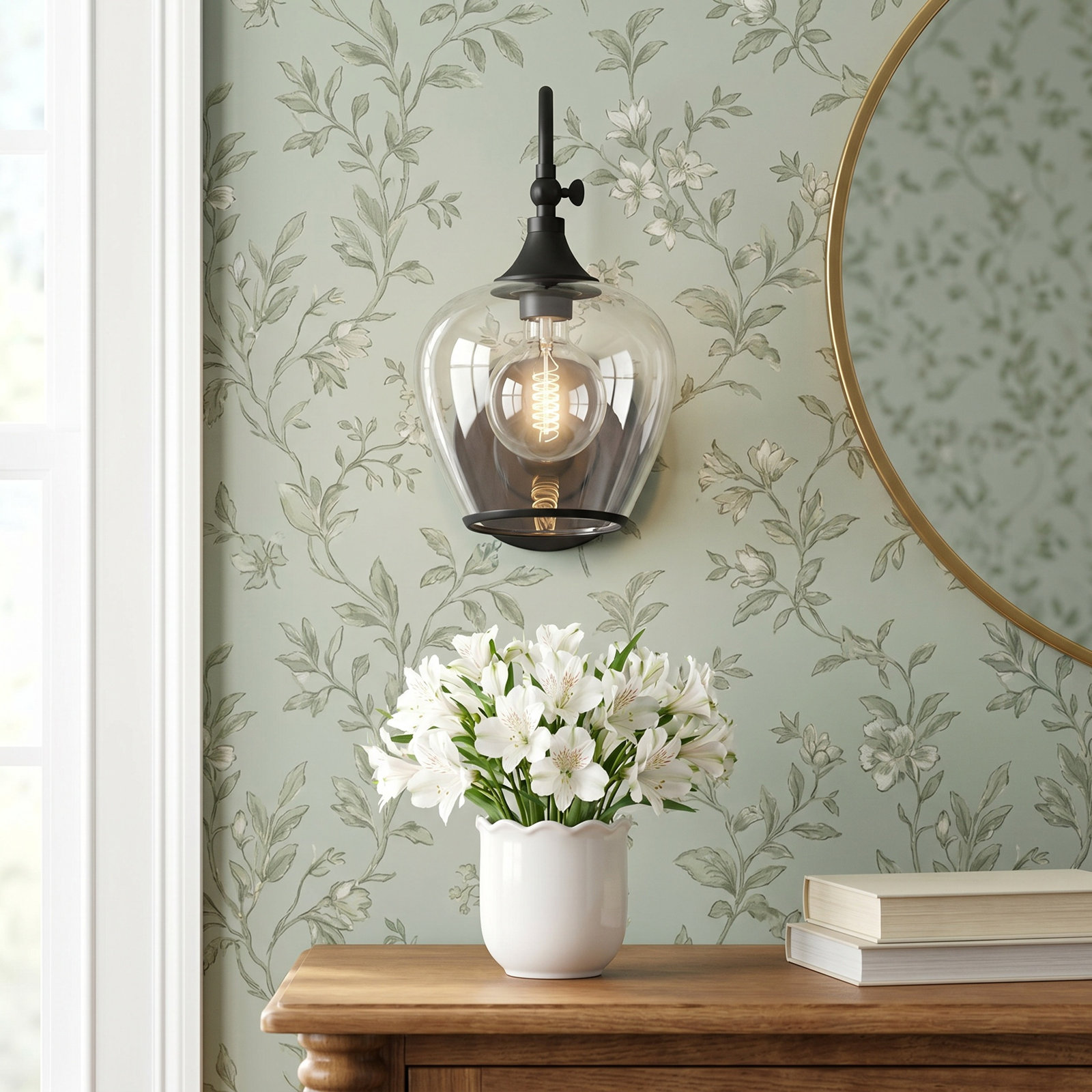 Single Light Glass Dimmable Armed Sconce, Black