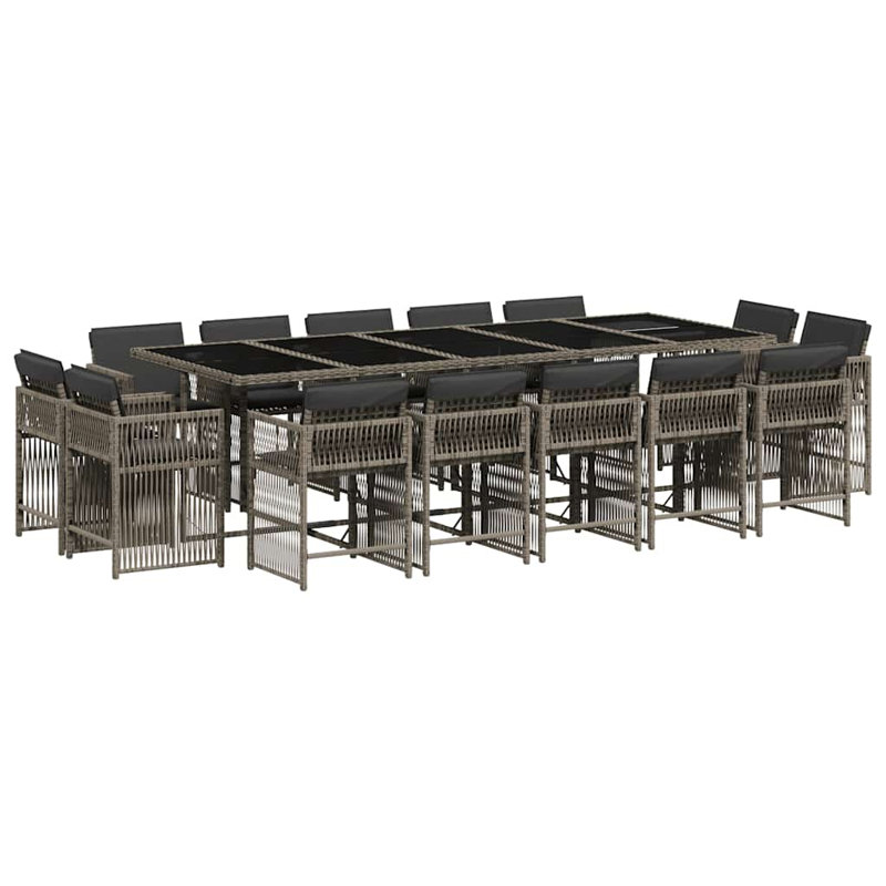 15 Piece Garden Dining Set with Cushions Poly Rattan, 15 Pieces: Table, 14 Chairs, Grey, Grey
