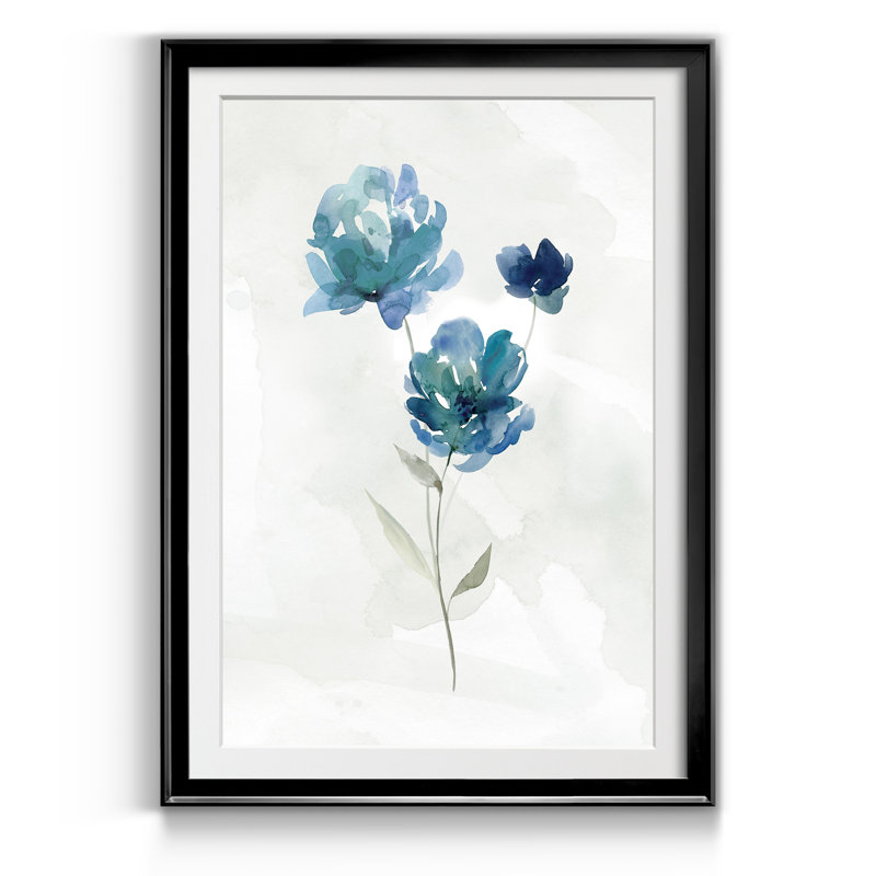 Blue Botanical I - Peinture encadrée sur papier, Cadre noir, H 26,5 po x l 36,5 po x P 1,5 po