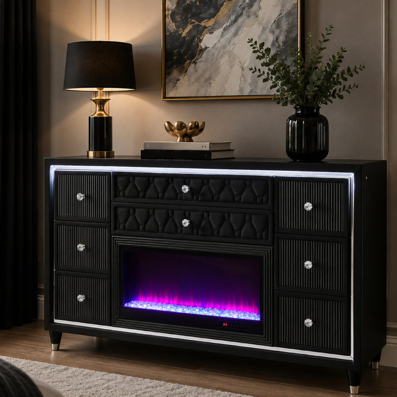 Commode large Maren, 8 tiroirs et boîte à flamme DEL, velours noir, Noir/transparent