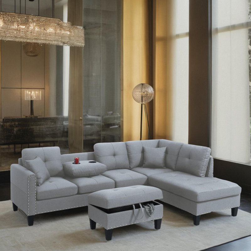 101" Wide Right Hand Facing Sectional Sofa & Chaise with Ottoman, Taupe Gray Linen Blend