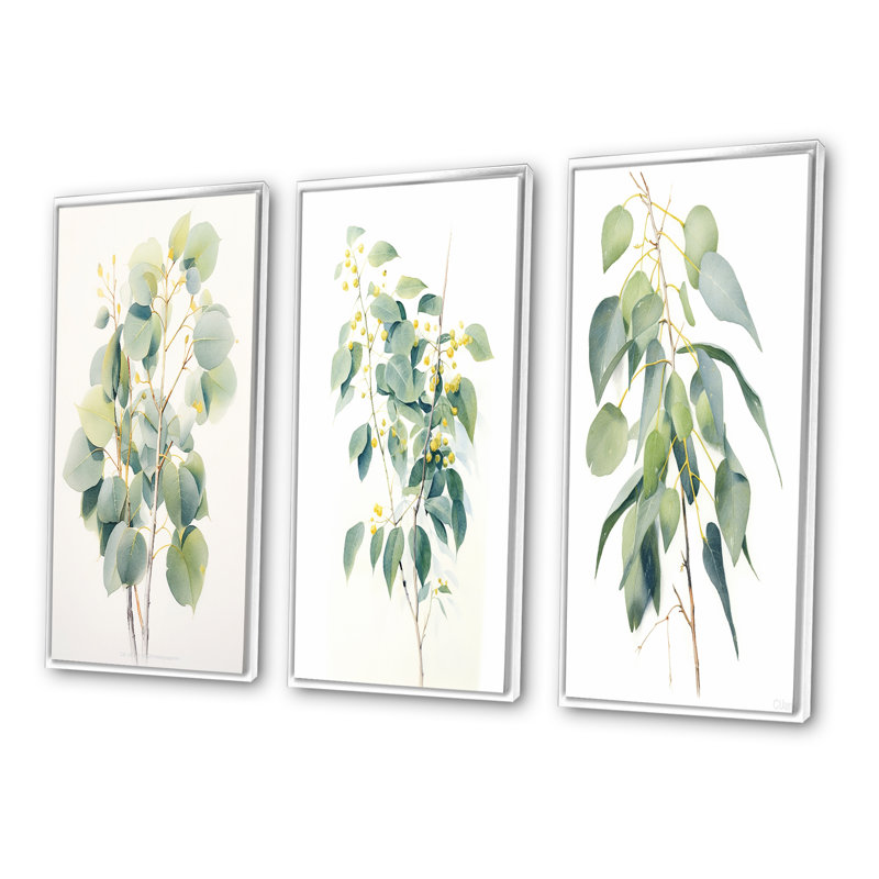 «Green White Minimalisme Eucalyptus Essence I», 3 pièces sur toile, Cadre flottant blanc, H 40 po x l 60 po
