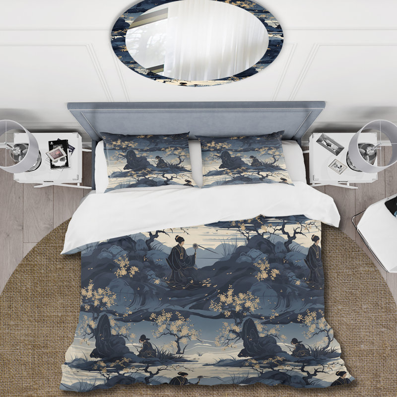 Literie de silhouettes de Samouraï bleu du Japon, Housse de couette simple + 1 taie décorative stan
