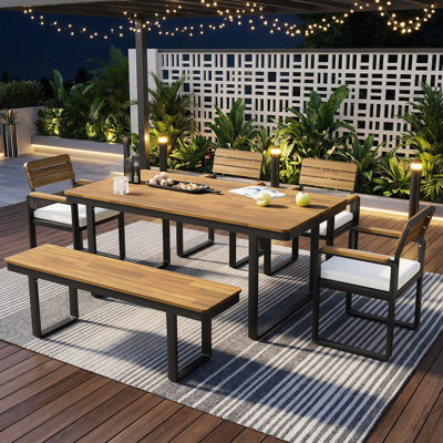 6-7 Person Solid Wood Patio Dining Set, with 1 Table & 4 Chairs & 1 Bench, Removable Cushiones