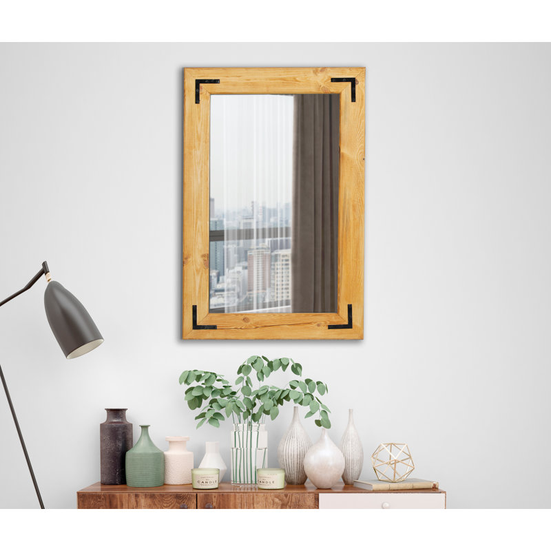 Nwogwugwu Rustic Wood Framed Farmhouse Bathroom Mirror, Light Brown