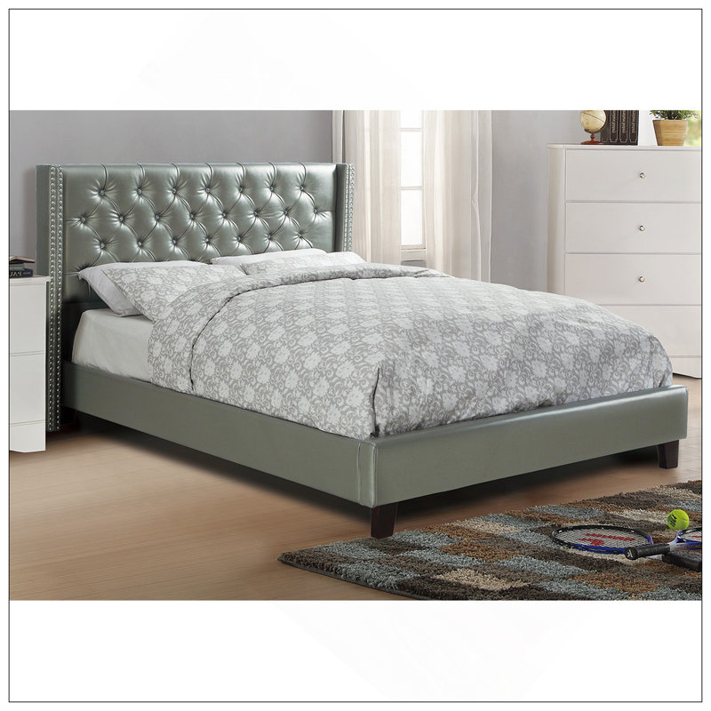 Ensemble de lit double 1pc Ensemble de lit capitonné en similicuir argenté capitonné