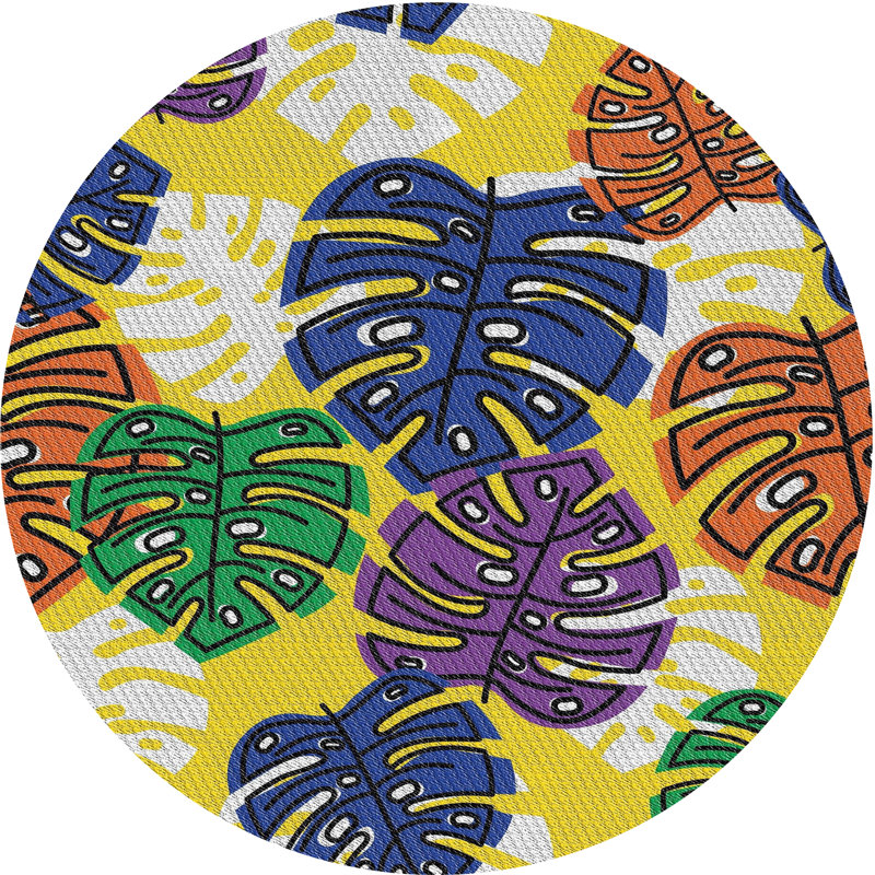 Tapis jaune / bleu à motif floral Crepeau, Rond 7 pi