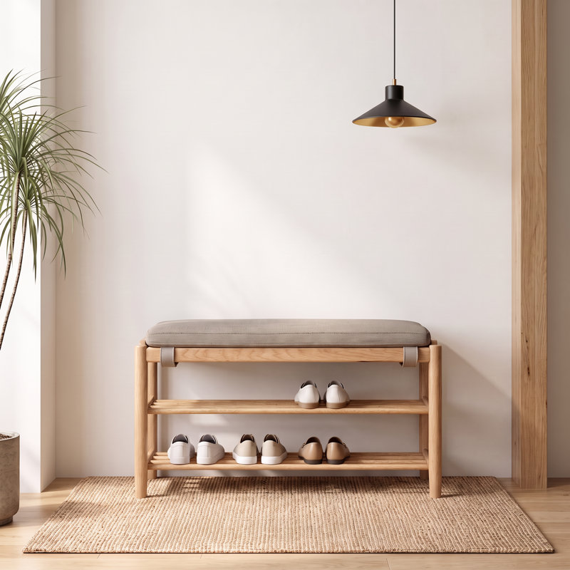 Banc à chaussures rembourré en chêne massif, 31.4", Natural Oak;Beige