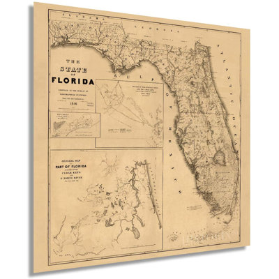 1846, carte de Floride, art mural sur papier