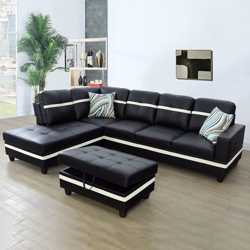 3 - Piece Semi Pu Synthetic Leather Sectional, Black/White Faux Leather