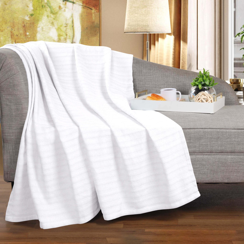 Couverture à rayures jacquard 100% coton Superior Clara, Très grand californien, Blanc