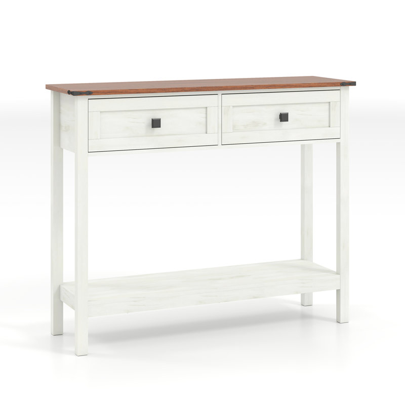 Farmhouse Style Console Table With 2 Drawer And Bottom Storage Shelf For Entryway, White